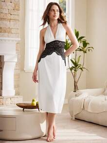 Moireta Women's Sexy Elegant Contrast Lace Backless Halter Nightgown, Summer - Black and White - View 3