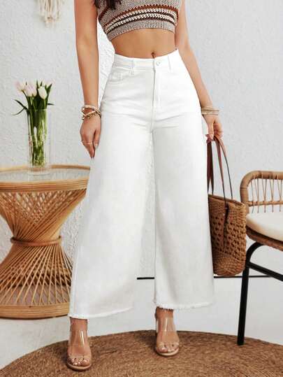 Breezaya Pantalones vaqueros de pierna ancha con borde deshilachado para mujer, ideales para primavera-verano al aire libre