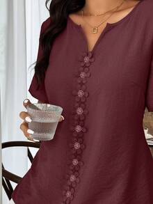 Weeklong Plus Size Women's Spring/Summer Vacation Floral Patchwork Ruffle Trim Loose Short Sleeve Top - Rust Brown - View 5