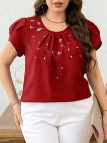 SHEIN Clasi Plus Size Casual Embroidered Petal Sleeve Shirt - Red - View 1