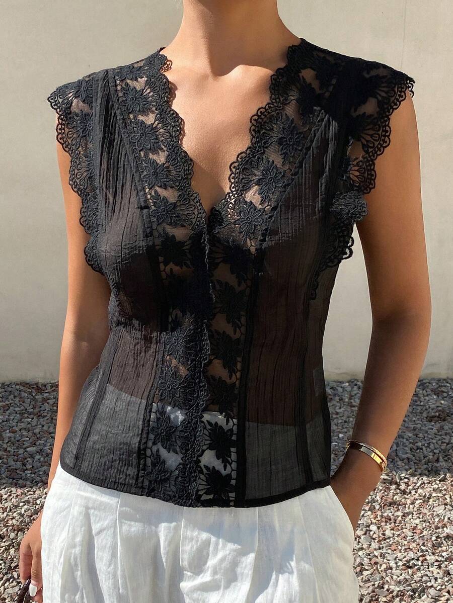 Áo sơ mi/áo vest mỏng nhẹ, ôm sát, cổ chữ V sâu, phối ren tương phản, thanh lịch dành cho nữ, thích hợp cho mùa hè. - màu đen - Xem 1