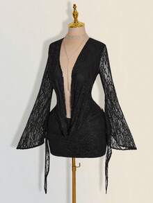 SHEIN ICON 2000 夏季女装 2000 外出黑色优雅蕾丝俱乐部派对性感宽松深V领拼接露背迷你连衣裙 - 黑色 - 查看 6
