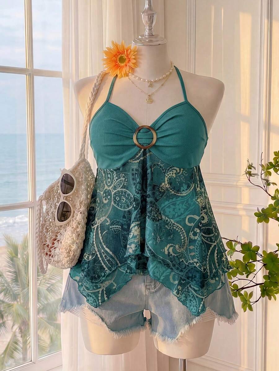 SHEIN EZwear 大码波西米亚印花荷叶边A字吊带系带休闲度假吊带背心，春夏波西米亚风女装，复古女装，沙滩派对女装，夏季女式上衣 - 彩色 - 查看 1