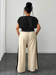 Maweii Plus Size Women's Elegant Daily Commute Round Neck Top And Wide Leg Pants 2 Pieces Set, Spring/Summer Dinner Office Black Beige - Multicolor - View 3