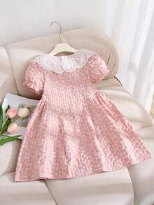 Elladie kids 1件女童夏季新款梭织纹理蓝色提花面料白色刺绣领花瓣袖开襟收腰休闲度假百搭甜美公主裙，适合上学、生日派对等场合 - 粉色 - 查看 2