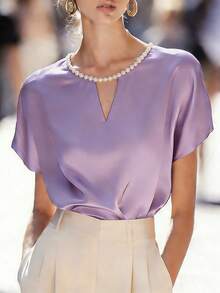 SHEIN Elegant Smart Casual Women's Light Purple Blouse, Summer Office Satin Top With Pearl-Embellished Buttons, Round Neck, Small V-Neck, Center Slit - Purple - View 3