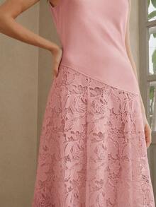 Anewsta Spring/Summer Elegant Knit Fabric Patchwork Hollow Embroidered Floral Pattern Waist Arc Split Sleeveless Cinched Waist Dress For Women Dinner Date - Pink - View 2