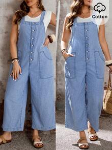 SHEIN CURVE+ Große Größen Lässige Jeans-Latzhose mit Knöpfen vorne, Sommer Karnevals-Kostüm, Pendeln, Urlaub, Abschluss, Chic Y2K, Süße Streetwear, Party, Hochzeit, Elegant, Business Lässig, Frau, Business, Strand, Ostern, Lässige Weite Bein Jeans-Latzhose mit verstellbaren Trägern und Knöpfen vorne, Sommer Jumpsuit, Vielseitiger Utility-Jumpsuit, Ostern Lässiger Jumpsuit - Blau - Übersicht 8