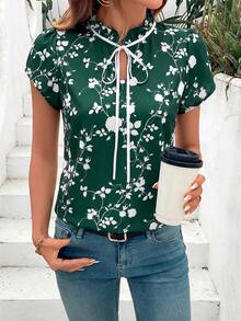SHEIN Clasi Women's Elegant Ruffle Bow Tie Floral Print Short Sleeve Blouse, Spring/Summer,Summer Top - Dark Green - View 5