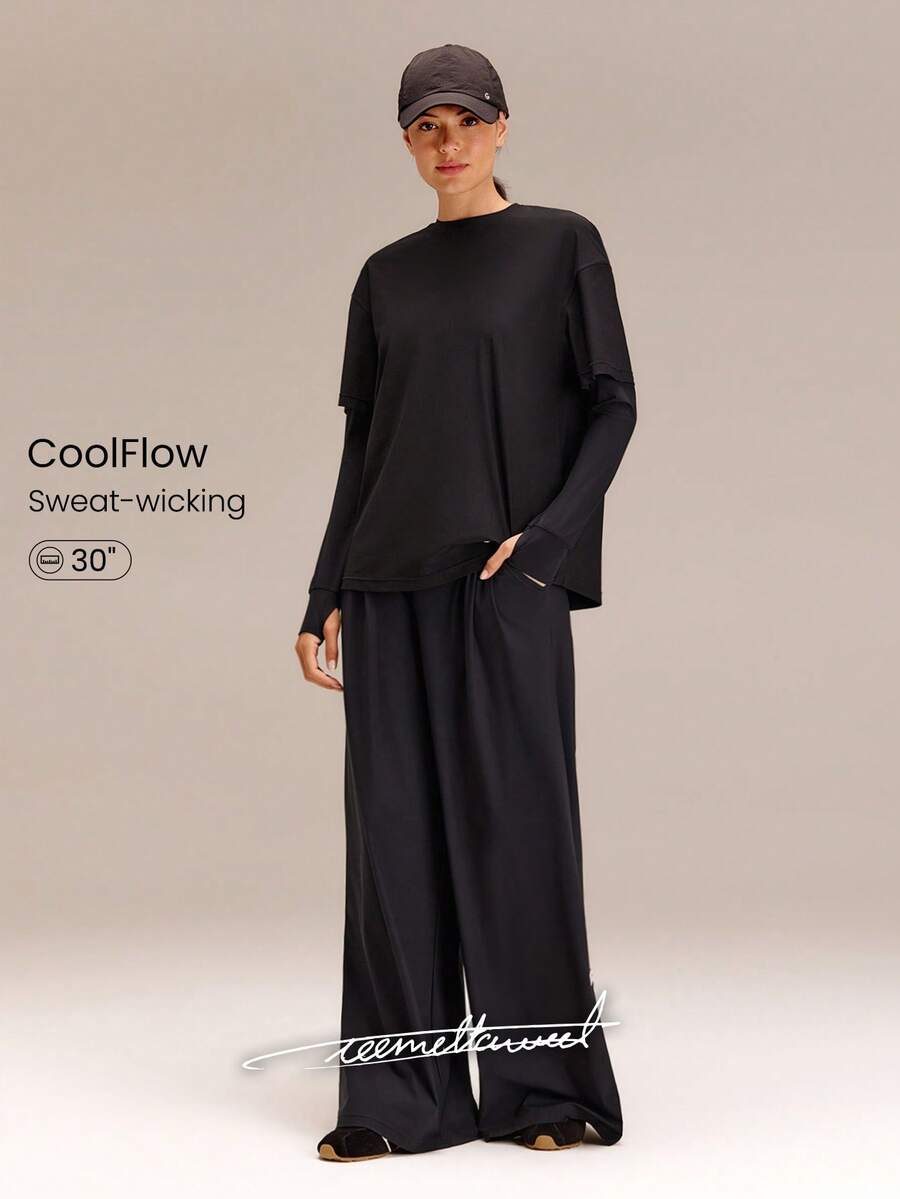 GLOWMODE X Reem Modest 1PC All-Day Ease Cooling Quick-Dry Sun Protection Adjustable Drawstring Waist Slip Pockets Wide-Leg Pants Training Running Workout Gym Daily - Black - View 1