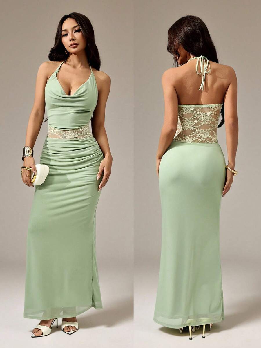SHEIN PETITE Green Lace Halter Backless Waist See-Through Fishtail Dress, Green Dress, Sexy Lace Dress,Summer Dresses For Women - Green - View 1