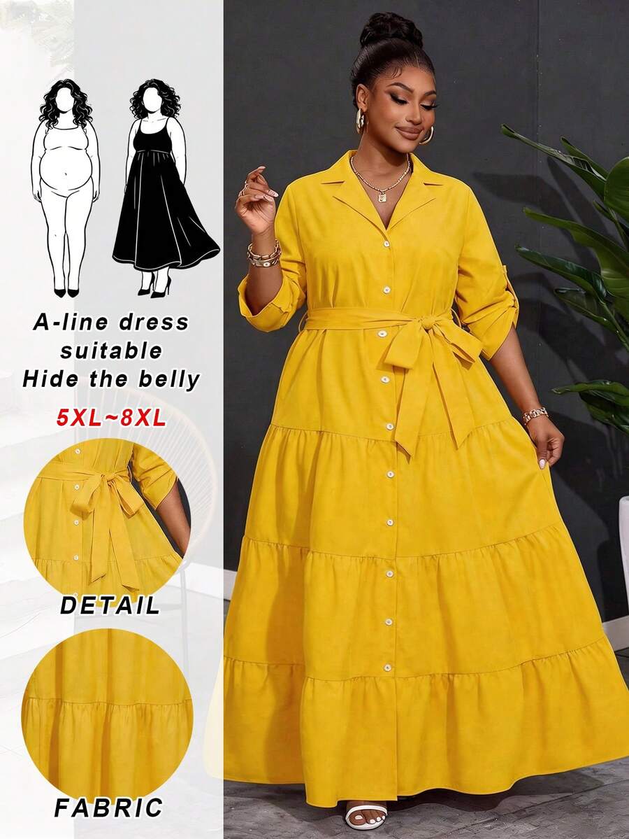 SHEIN CURVE+ 大码女士优雅V领纽扣前襟长袖系带连衣裙，层叠荷叶边下摆，秋季女装长款 - 黃色 - 查看 1