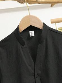 SHEIN Little Byeori 2pcs/Set Tween BoyLoose Casual Stand Collar Woven Solid Color Short Sleeve Shirt And Pants Set - Black - View 5