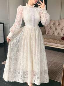 DAZY 春夏闪亮情人节、婚礼、宴会、舞会礼服、时尚派对优雅收腰高领蕾丝纹理连衣裙，搭配蓬松裙摆和长袖 - 象牙白色 - 查看 5