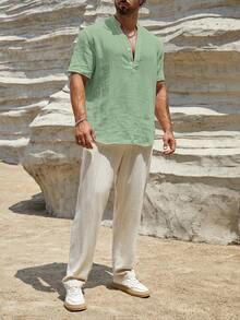 HIMLAND Áo sơ mi nam dáng rộng, màu trơn, cài nửa khuy. - màu xanh lá - Xem 7