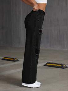 Jeanoix Quần jeans ống đứng dáng suông, bạc màu, đa năng dành cho nữ cỡ lớn. - màu đen - Xem 4