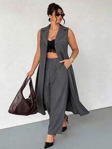 Firerie Plus Size Women Long Sleeveless Blazer Suit In Spring/Summer Formal Suit Sets For Elegant Women Fall/Winter - Dark Grey - View 1