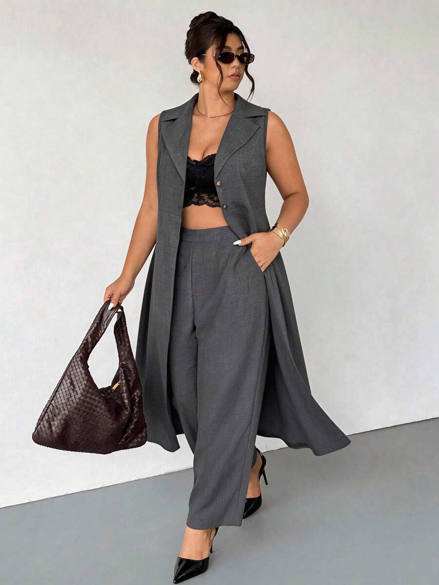 Firerie Plus Size Women Long Sleeveless Blazer Suit In Spring/Summer Formal Suit Sets For Elegant Women Fall/Winter - Dark Grey - View 1