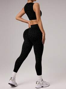 Dewbera Bộ đồ thể thao gồm áo ngực và quần legging không đường may, họa tiết da báo, ôm sát, dành cho nữ, dùng để tập luyện yoga, khiêu vũ, gồm áo ngực và quần legging. - màu đen - Xem 2