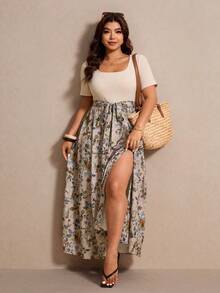 Elaquor Plus Size Solid Color Leopard Patchwork Simple Daily Short Sleeve Dress For Women Fall Clothes - Apricot - View 1