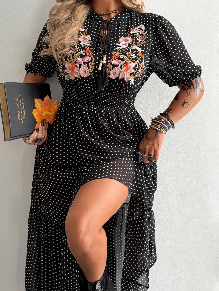 Whyspr Plus Size Polka Dot Embroidered Vacation Dress, Spring/Summer - Black - View 1