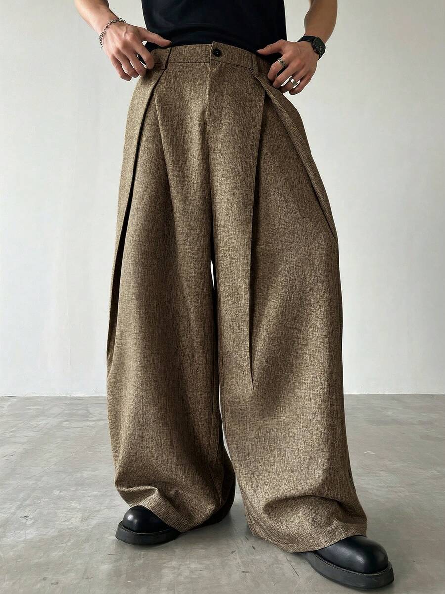 Claim Dot Men's Casual Everyday Pleated Wide Leg Loose Pants Wide Leg - Coffee Brown - View 1
