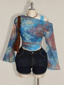 SHEIN ICON Blusa de 2 en 1 para mujer talla grande con mangas acampanadas y hombros descubiertos con estampado de teñido anudado - Multicolor - Ver 1