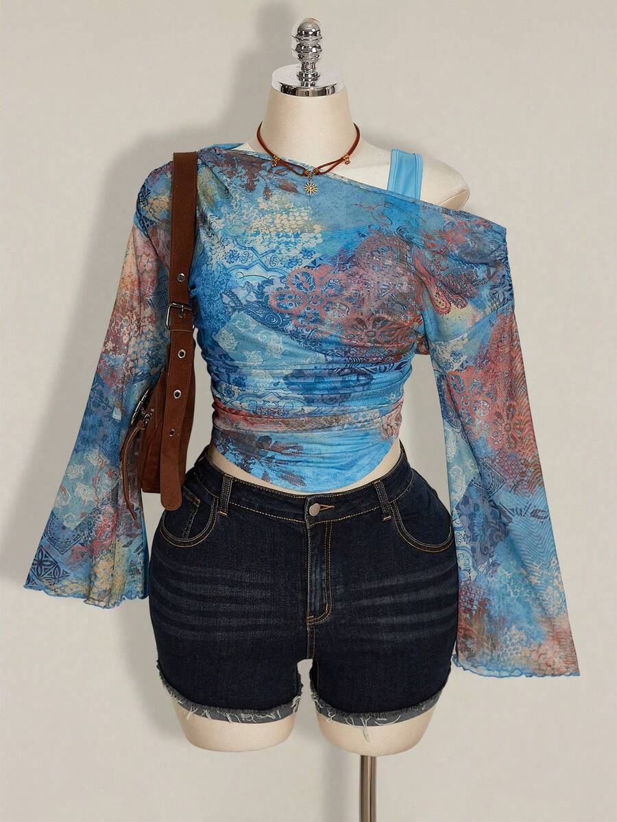 SHEIN ICON Blusa de 2 en 1 para mujer talla grande con mangas acampanadas y hombros descubiertos con estampado de teñido anudado - Multicolor - Ver 1