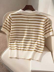 Franclia New Commuting Chic Design Turndown Collar Contrast Color Classic Striped Decor Matching Delicate Metal Button Loose Short Sleeve Knit Top - Multicolor - View 2