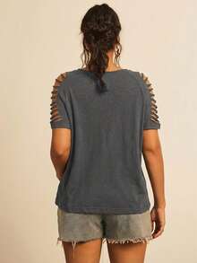 Freevana Kaos Kasual Lengan Pendek Raglan Rajut untuk Wanita Ukuran Besar - Grey - View 2