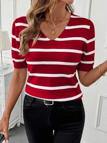 SHEIN Clasi Women's Casual Striped V-Neck Short Sleeve Ribbed Knit Top, Summer - Red and White - View 7