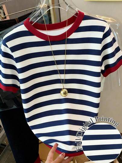 Girls' Casual Retro Colorful Striped Round Neck Short Sleeve T-Shirt, Comfortable Summer & Autumn Style Suitable For Girls' Daily Wear, Casual Round Neck Top, Minimalist Colorful Striped Design Suitable For Girls 8Y-12Y