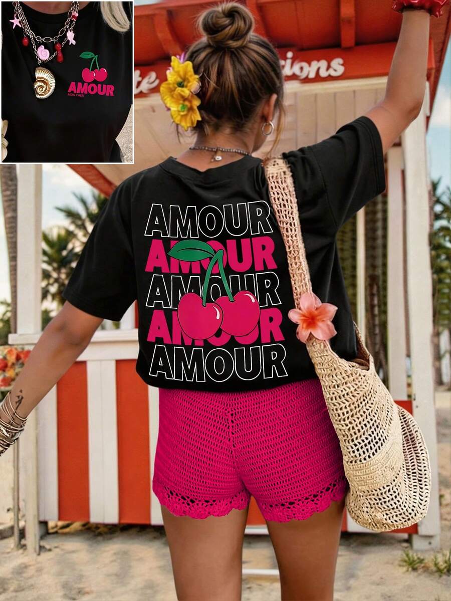 DrmWander Plus Size Casual Graphic Tee, Street Style Short Sleeve T-Shirt, Cute Summer Top, Vacation Vibe With Red Accents - Black - View 1