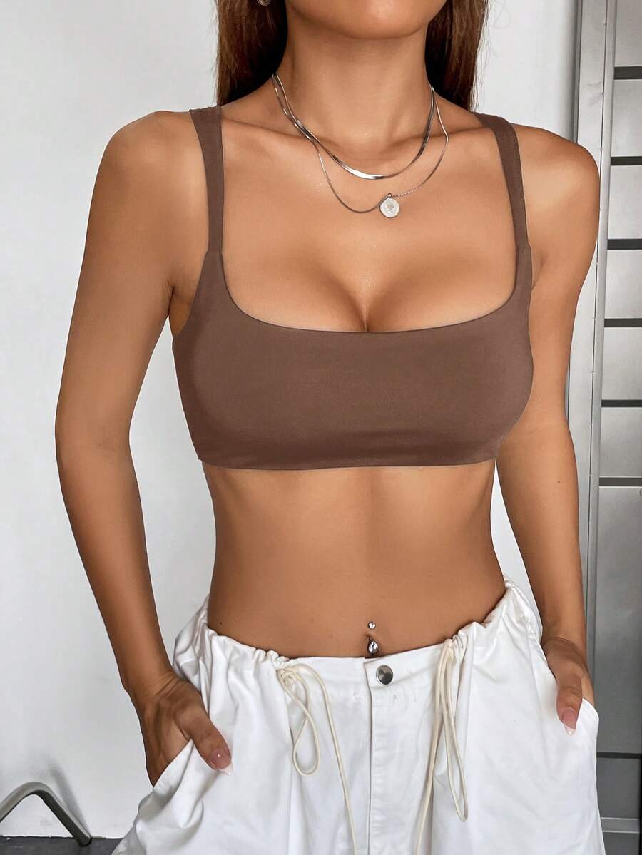 SHEIN EZwear 2026 Verano Camiseta de tirantes corta de unicolor marrón ajustada - Marrón - Ver 1