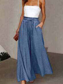 Pariaura Blue Textured Drawstring Waist Pocketed Casual Wide-Leg Pants Summer Outfits For Women - Blue - View 1