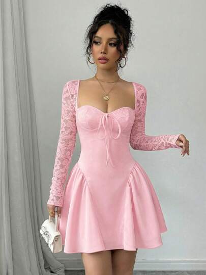 SHEIN Glamour 节日服装连衣裙 圣诞派对舞会 白色蕾丝长袖公主蓬蓬裙性感迷你连衣裙；秋季女装；节日派对连衣裙；新年夜连衣裙；新年女装；情人节迷你连衣裙；春夏迷你连衣裙；黑白拼接黑色束身连衣裙