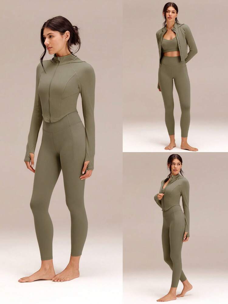 FeatherFit™ Cropped Curve Hem Zip-Up Hooded Long Sleeve Jacket Low Impact Yoga Daily Fall