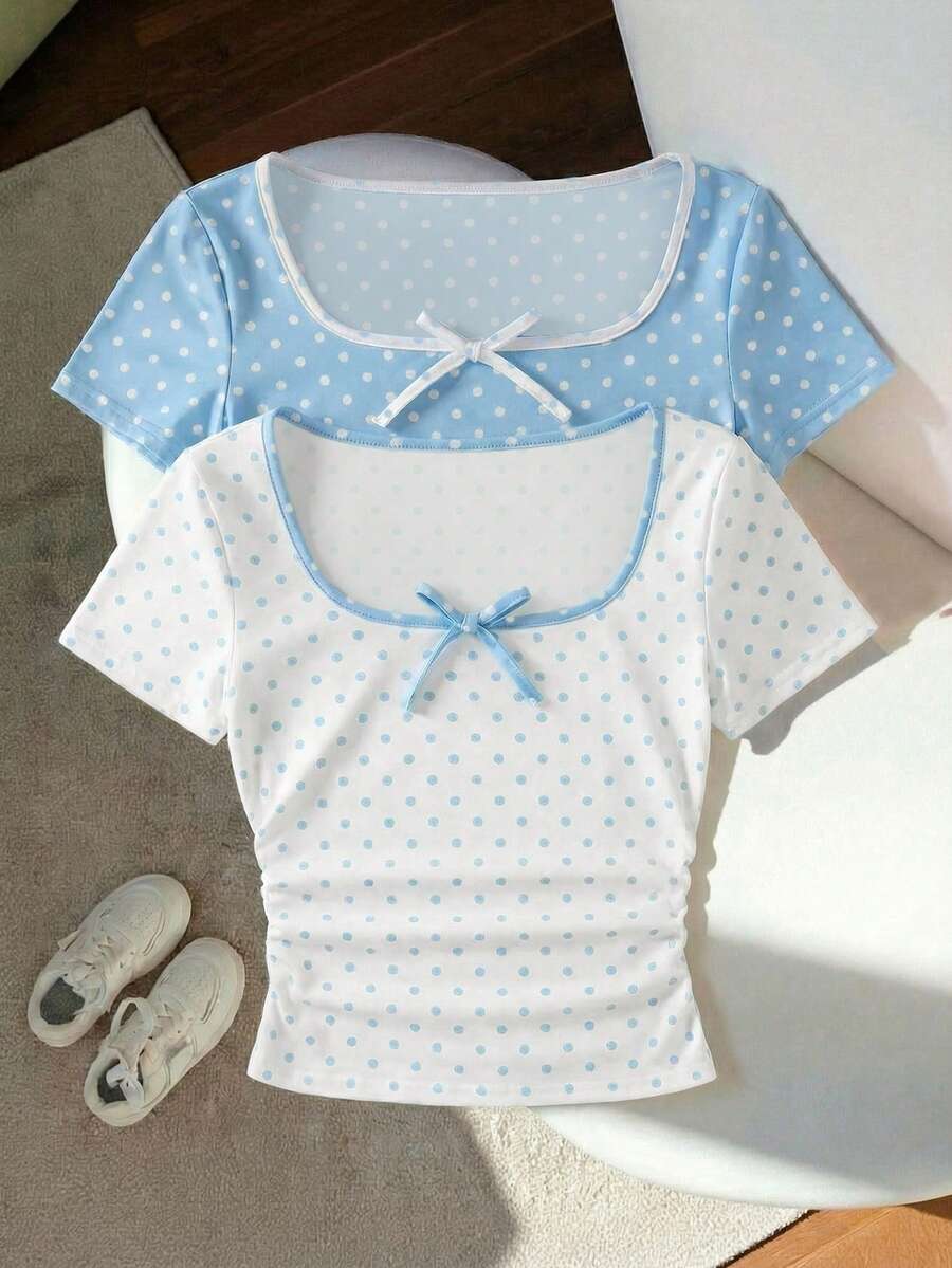 SHEIN 2件套少女休闲舒适撞色滚边波点蝴蝶结装饰方领褶皱短袖T恤,适合母亲节、毕业典礼、夏季穿着,春夏日常、外出、度假、节日穿着,时尚少女,休闲百搭,新款,返校季,休闲风,开学季 - 彩色 - 查看 1