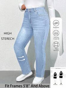 SHEIN Tall CURVE 大码女式高腰口袋修身休闲百搭牛仔裤 - 淺色水洗藍 - 查看 2