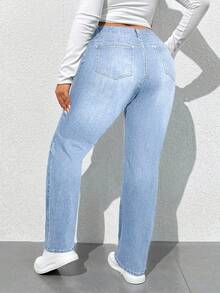 SHEIN Tall CURVE 大码女式高腰口袋修身休闲百搭牛仔裤 - 淺色水洗藍 - 查看 3