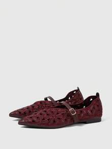 Sleekvia Women's Casual Versatile Commuter Hollow Embroidered Pointed Shoes - Burgundy - View 2