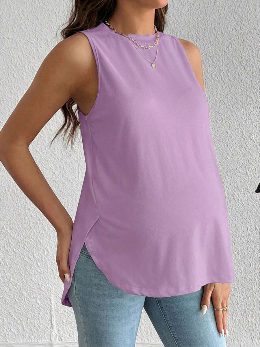 SHEIN Top de tirantes casual y versátil de unicolor con cuello redondo para maternidad - Púrpura malva - Ver 1