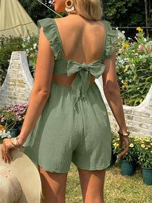 SHEIN Women's Casual Holiday Backless Bow Tie Strap Ruffle Hem Short Jumpsuit, Maternity - Mint Green - View 2