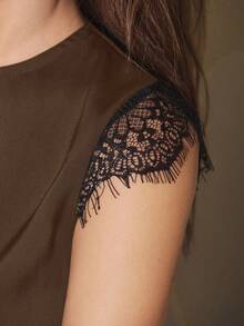 Maija Đầm ren phối ren tay ngắn cổ tròn xẻ cao dành cho nữ năm 2026 - màu nâu - Xem 4