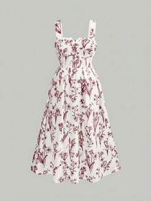 SHEIN CURVE+ Plus Size Apricot Base Black Vintage Print Loose Fit Spaghetti Strap Maxi Dress, Suitable For Vacation, Summer - Apricot - View 5