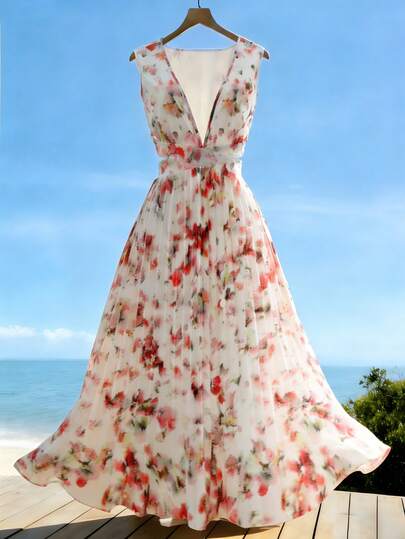 GlowEve Women's Summer New Vacation Printed Waist Cutout Pleated Tie Dress