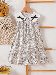 SHEIN Elladie kids Đầm mùa hè cho bé gái, họa tiết hoa nhí dễ thương, nơ ren, cổ Peter Pan, dáng suông, thích hợp mặc hàng ngày, đi nghỉ mát, đi làm, và mang đến vẻ ngoài thanh lịch. - Nhiều màu - Xem 6
