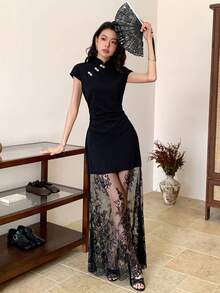 EastFlair 女士蕾丝拼接立领优雅收腰长款派对连衣裙 - 黑色 - 查看 11