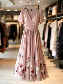 Franclia Đầm midi màu hồng nhạt cổ chữ V xếp ly bằng vải lưới, đầm chiffon in hoa và bướm mùa hè. - Hồng - Xem 1