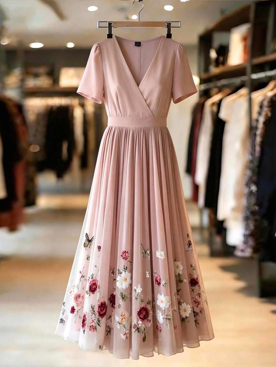 Franclia Đầm midi màu hồng nhạt cổ chữ V xếp ly bằng vải lưới, đầm chiffon in hoa và bướm mùa hè. - Hồng - Xem 1